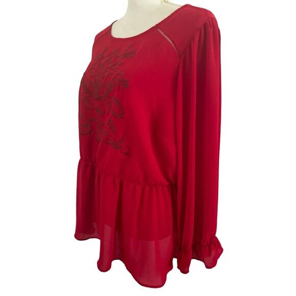 Torrid Peplum Georgette Embroidered Long Sleeve Blouse Plus Size 2X Red - Picture 3 of 10
